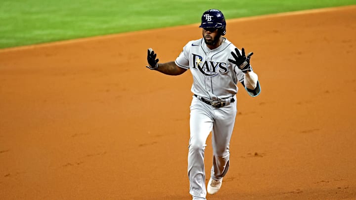 Randy Arozarena rounds the bases after hitting a home run during the first inning against the Los Angeles Dodgers during game six of the 2020 World Series.