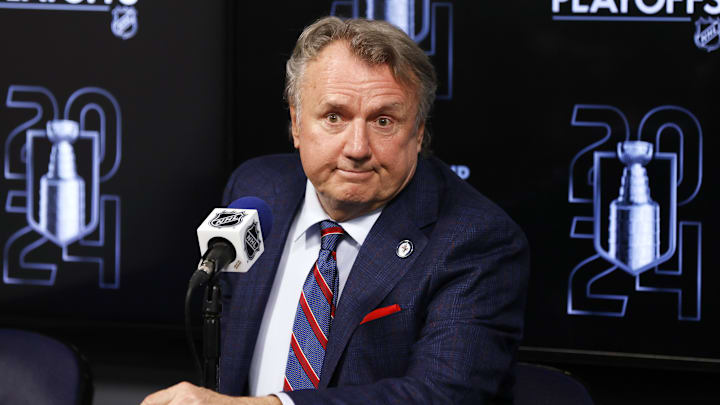 Apr 30, 2024; Winnipeg, Manitoba, CAN; Winnipeg Jets head coach Rick Bowness talks to media after their loss to the Colorado Avalanche in game five of the first round of the 2024 Stanley Cup Playoffs at Canada Life Centre. Mandatory Credit: James Carey Lauder-Imagn Images