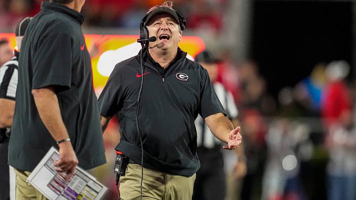 Oct 7, 2023; Athens, Georgia, USA; Georgia Bulldogs head coach Kirby Smart reacts on the sideline against the Kentucky Wildcats at Sanford Stadium. Mandatory Credit: Dale Zanine-USA TODAY Sports Oct 7, 2023; Athens, Georgia, USA; Georgia Bulldogs head coach Kirby Smart reacts on the sideline against the Kentucky Wildcats at Sanford Stadium. Mandatory Credit: Dale Zanine-USA TODAY Sports