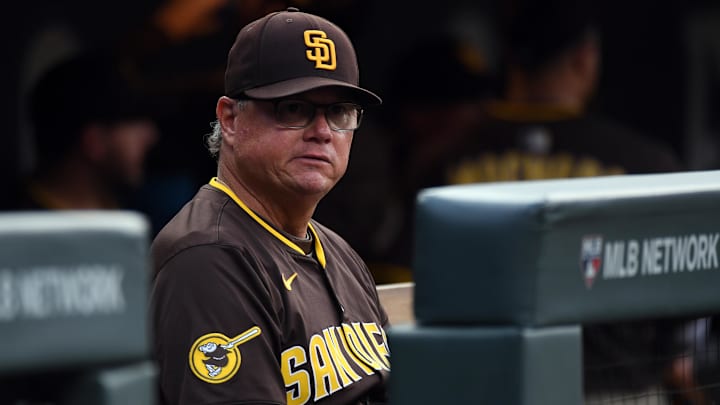 Sep 6, 2025; Denver, Colorado, USA; San Diego Padres manager Mike Shildt (8) looks on from the bench before the game against the Colorado Rockies at Coors Field. Mandatory Credit: Christopher Hanewinckel-Imagn Images