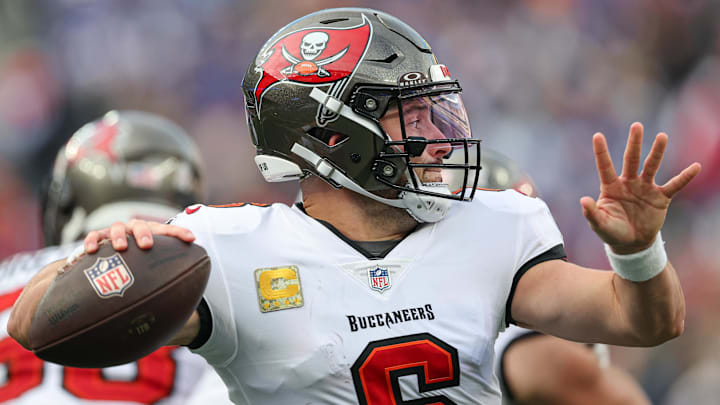 Nov 24, 2024; East Rutherford, New Jersey, USA; Tampa Bay Buccaneers quarterback Baker Mayfield (6) throws a pass during the second half against the New York Giants at MetLife Stadium. Mandatory Credit: Vincent Carchietta-Imagn Images