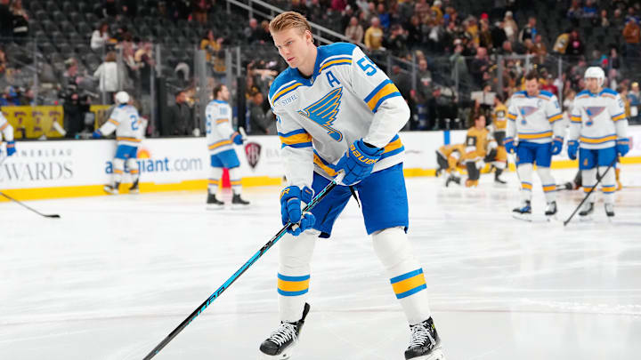 Jan 10, 2026; Las Vegas, Nevada, USA; St. Louis Blues defenseman Colton Parayko (55) warms up before a game against the Vegas Golden Knights at T-Mobile Arena. Mandatory Credit: Stephen R. Sylvanie-Imagn Images