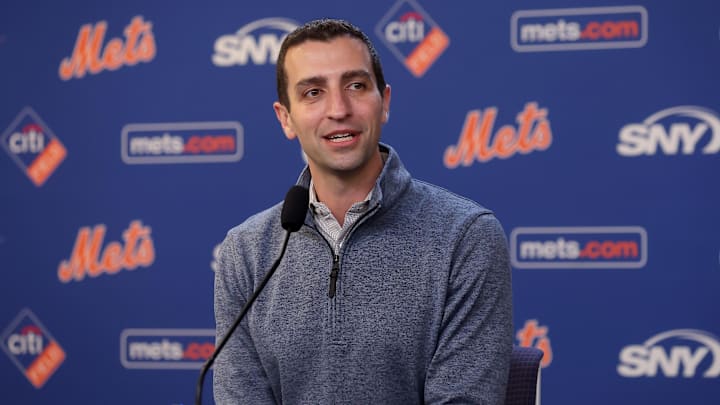 Jul 30, 2024; New York City, New York, USA; New York Mets president of baseball operations David Stearns speaks to the media about the MLB trade deadline before a game against the Minnesota Twins at Citi Field. Mandatory Credit: Brad Penner-Imagn Images