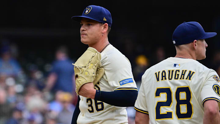 Sep 4, 2025; Milwaukee, Wisconsin, USA; Milwaukee Brewers pitcher Tobias Myers (36) reacts after giving up a run against the Philadelphia Phillies in the seventh inning at American Family Field. Mandatory Credit: Benny Sieu-Imagn Images Sep 4, 2025; Milwaukee, Wisconsin, USA; Milwaukee Brewers pitcher Tobias Myers (36) reacts after giving up a run against the Philadelphia Phillies in the seventh inning at American Family Field. Mandatory Credit: Benny Sieu-Imagn Images