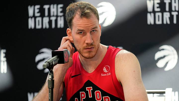 Sep 29, 2025; Toronto, Ontario, Canada; Toronto Raptors center Jakob Poeltl (19) listens to a question during the media day press conference at Hotel X. Mandatory Credit: John E. Sokolowski-Imagn Images Sep 29, 2025; Toronto, Ontario, Canada; Toronto Raptors center Jakob Poeltl (19) listens to a question during the media day press conference at Hotel X. Mandatory Credit: John E. Sokolowski-Imagn Images