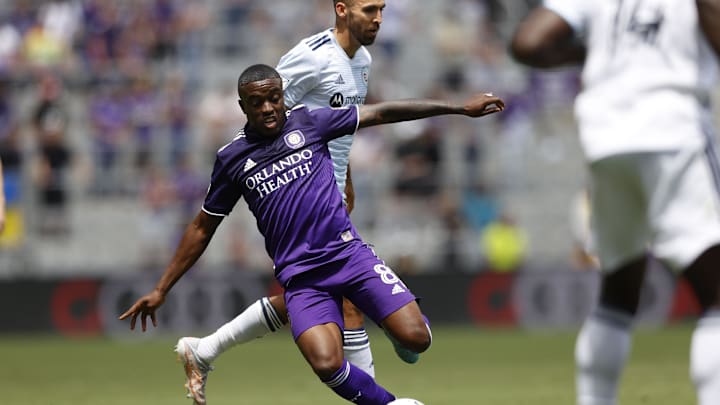 Apr 9, 2022; Orlando, Florida, USA; Orlando City midfielder Sebas Mendez (8) controls the ball