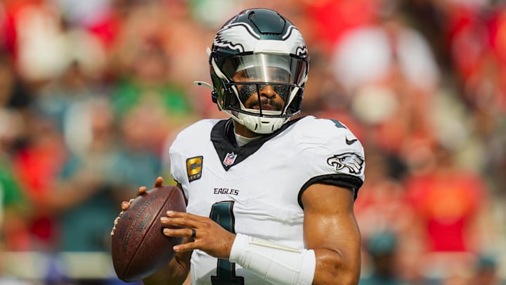 Philadelphia Eagles quarterback Jalen Hurts (1) drops back to pass during the first half against the Kansas City Chiefs at GEHA Field at Arrowhead Stadium. Philadelphia Eagles quarterback Jalen Hurts (1) drops back to pass during the first half against the Kansas City Chiefs at GEHA Field at Arrowhead Stadium.