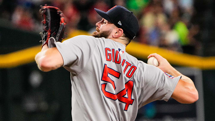Sep 6, 2025; Phoenix, Arizona, USA; Boston Red Sox pitcher Lucas Giolito (54) pitches during the third inning between the Arizona Diamondbacks and the Boston Red Sox at Chase Field. Mandatory Credit: Arianna Grainey-Imagn Images