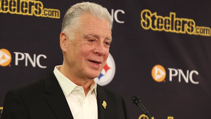Jan 14, 2026; Pittsburgh, PA, USA;  Pittsburgh Steelers president Art Rooney II speaks at a press conference at Acrisure Stadium. Mandatory Credit: Charles LeClaire-Imagn Images
