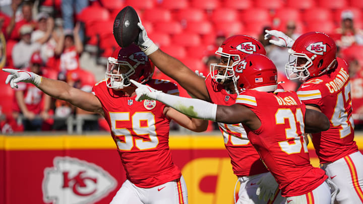 Oct 19, 2025; Kansas City, Missouri, USA; Kansas City Chiefs defensive tackle Jerry Tillery (99) celebrates after recovering a fumble by the Las Vegas Raiders during the fourth quarter of the game at GEHA Field at Arrowhead Stadium. Mandatory Credit: Denny Medley-Imagn Images