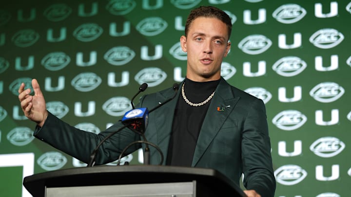 Jul 22, 2025; Charlotte, NC, USA; Miami quarterback Carson Beck answers questions from the media during ACC Media Days at Hilton Charlotte Uptown. Mandatory Credit: Jim Dedmon-Imagn Images