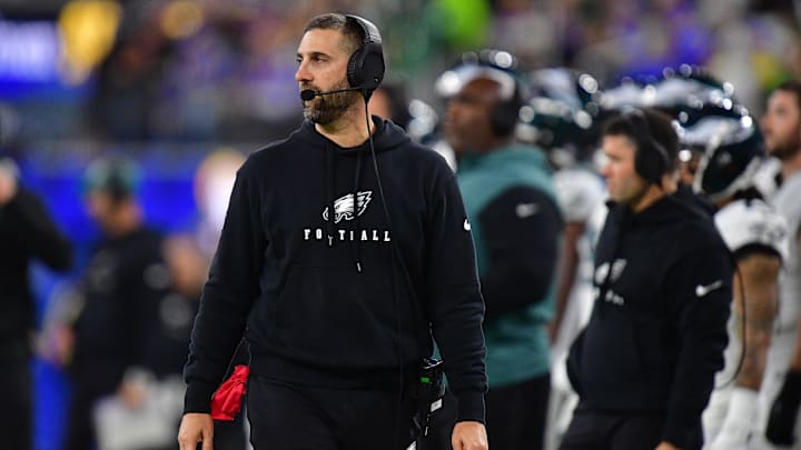 Nov 24, 2024; Inglewood, California, USA; Philadelphia Eagles head coach Nick Sirianni watches game action against the Los Angeles Rams during the second half at SoFi Stadium. Mandatory Credit: Gary A. Vasquez-Imagn Images
