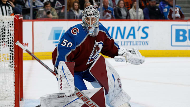 Dec 9, 2023; Denver, Colorado, USA; Colorado Avalanche goaltender Ivan Prosvetov (50) in the third period against the Philadelphia Flyers at Ball Arena. Mandatory Credit: Isaiah J. Downing-Imagn Images