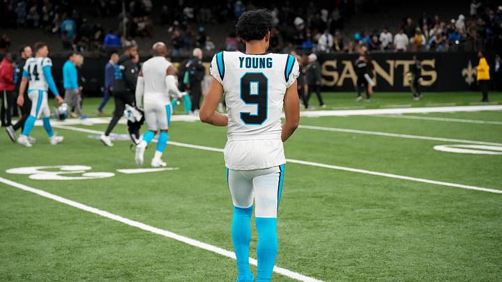 Carolina Panthers quarterback Bryce Young (9) walks off the field Carolina Panthers quarterback Bryce Young (9) walks off the field
