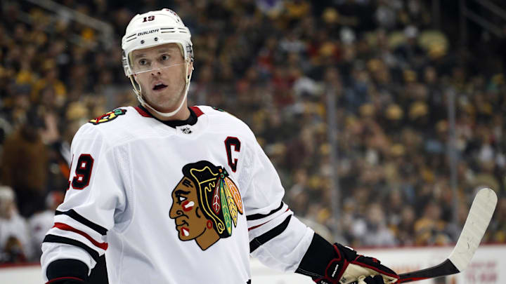 Apr 11, 2023; Pittsburgh, Pennsylvania, USA;  Chicago Blackhawks center Jonathan Toews (19) looks on before a face-off against the Pittsburgh Penguins during the first period at PPG Paints Arena. Mandatory Credit: Charles LeClaire-Imagn Images