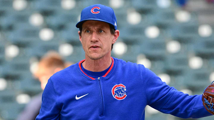 Jul 28, 2025; Milwaukee, Wisconsin, USA;  Chicago Cubs manager Craig Counsell looks on during batting practice before game against the Milwaukee Brewers at American Family Field. 