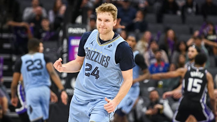 Feb 4, 2026; Sacramento, California, USA; Memphis Grizzlies guard Cam Spencer (24) celebrates after making a three point shot against the Sacramento Kings during the fourth quarter at Golden 1 Center. Mandatory Credit: Ed Szczepanski-Imagn Images Feb 4, 2026; Sacramento, California, USA; Memphis Grizzlies guard Cam Spencer (24) celebrates after making a three point shot against the Sacramento Kings during the fourth quarter at Golden 1 Center. Mandatory Credit: Ed Szczepanski-Imagn Images