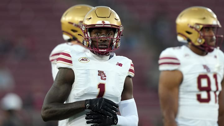 Sep 13, 2025; Stanford, California, USA; Boston College Eagles wide receiver Jaedn Skeete (1) stands on the field before the game against the Stanford Cardinal at Stanford Stadium. Mandatory Credit: Darren Yamashita-Imagn Images