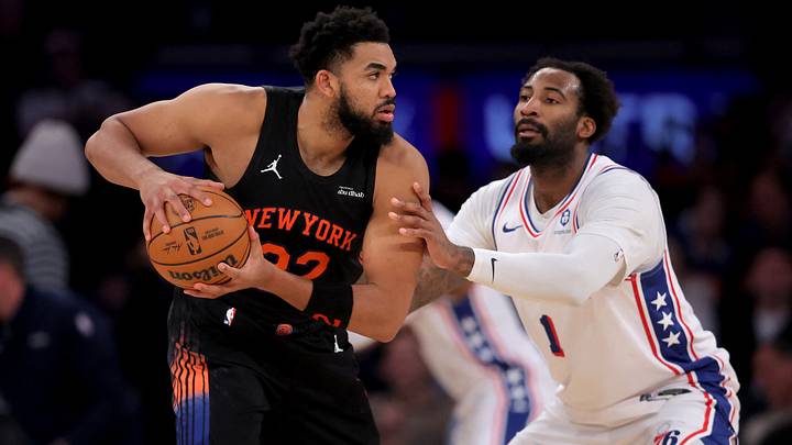 Dec 19, 2025; New York, New York, USA; New York Knicks center Karl-Anthony Towns (32) controls the ball against Philadelphia 76ers center Andre Drummond (1) during the third quarter at Madison Square Garden. Mandatory Credit: Brad Penner-Imagn Images Dec 19, 2025; New York, New York, USA; New York Knicks center Karl-Anthony Towns (32) controls the ball against Philadelphia 76ers center Andre Drummond (1) during the third quarter at Madison Square Garden. Mandatory Credit: Brad Penner-Imagn Images