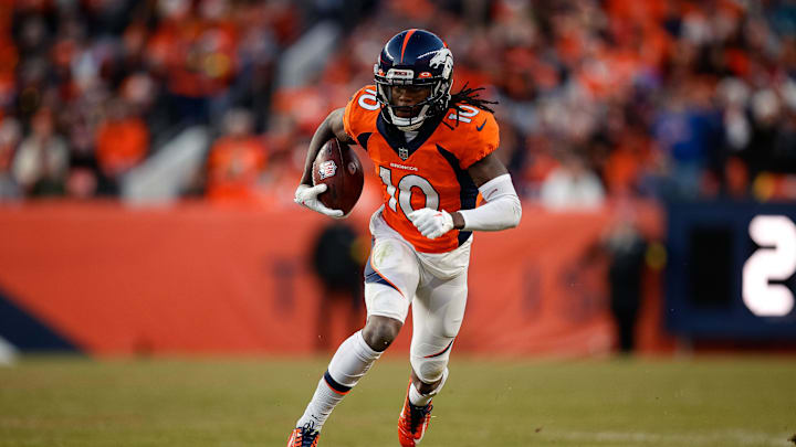 Dec 18, 2022; Denver, Colorado, USA; Denver Broncos wide receiver Jerry Jeudy (10) runs the ball in