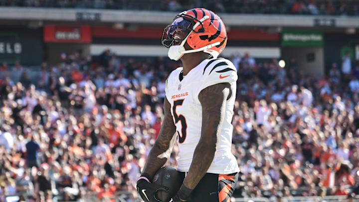Oct 20, 2024; Cleveland, Ohio, USA; Cincinnati Bengals wide receiver Tee Higgins (5) celebrates after scoring a touchdown during the second half against the Cleveland Browns at Huntington Bank Field.