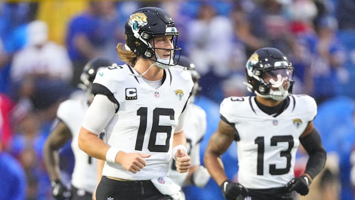 Sep 23, 2024; Orchard Park, New York, USA; Jacksonville Jaguars quarterback Trevor Lawrence (16) jogs onto the field prior to a game against the Buffalo Bills at Highmark Stadium. Mandatory Credit: Gregory Fisher-Imagn Images Sep 23, 2024; Orchard Park, New York, USA; Jacksonville Jaguars quarterback Trevor Lawrence (16) jogs onto the field prior to a game against the Buffalo Bills at Highmark Stadium. Mandatory Credit: Gregory Fisher-Imagn Images