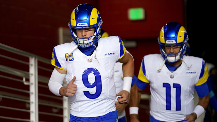 Dec 12, 2024; Santa Clara, California, USA; Los Angeles Rams quarterback Matthew Stafford (9) jogs towards the field before the start of the game against the San Francisco 49ers at Levi's Stadium.