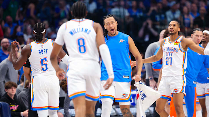 May 11, 2024; Dallas, Texas, USA; Oklahoma City Thunder forward Jalen Williams (8) celebrates with Oklahoma City Thunder forward Jaylin Williams (6) during the first half against the Dallas Mavericks during game three of the second round for the 2024 NBA playoffs at American Airlines Center. Mandatory Credit: Kevin Jairaj-Imagn Images