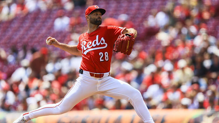 Jul 13, 2025; Cincinnati, Ohio, USA; Cincinnati Reds starting pitcher Nick Martinez (28) pitches against the Colorado Rockies in the first inning at Great American Ball Park. Mandatory Credit: Katie Stratman-Imagn Images