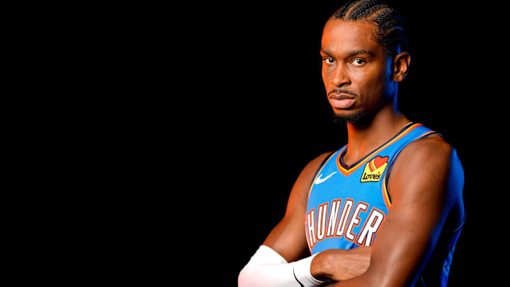 Shai Gilgeous-Alexander is pictured during the Thunder media day at the Paycom Center in Oklahoma City, on Monday, Sept. 30, 2024.