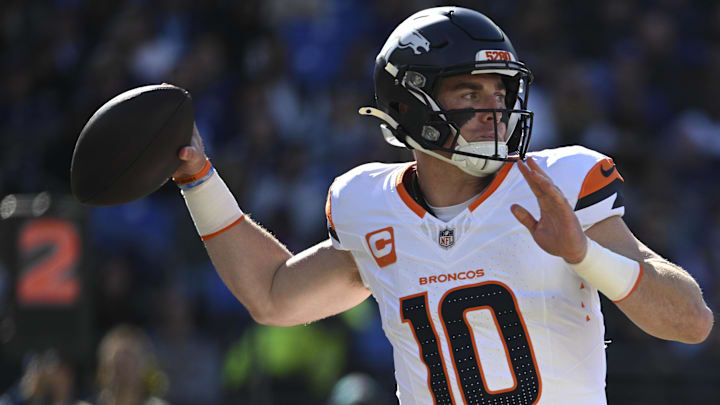 Nov 3, 2024; Baltimore, Maryland, USA; Denver Broncos quarterback Bo Nix (10) throws during the first quarter against the Baltimore Ravens at M&T Bank Stadium. Nov 3, 2024; Baltimore, Maryland, USA; Denver Broncos quarterback Bo Nix (10) throws during the first quarter against the Baltimore Ravens at M&T Bank Stadium.
