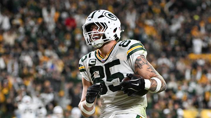 Green Bay Packers tight end Tucker Kraft (85) celebrates his touchdown Green Bay Packers tight end Tucker Kraft (85) celebrates his touchdown