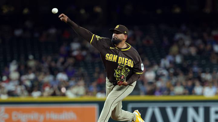 Aug 4, 2026; Phoenix, Arizona, USA; San Diego Padres pitcher German Marquez against the Arizona Diamondbacks at Chase Field. Mandatory Credit: Mark J. Rebilas-Imagn Images