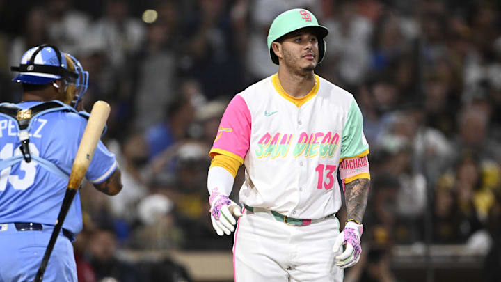 Jun 20, 2025; San Diego, California, USA; San Diego Padres third baseman Manny Machado (13) tosses his bat after striking out during the fifth inning against the against the Kansas City Royals at Petco Park. Mandatory Credit: Denis Poroy-Imagn Images Jun 20, 2025; San Diego, California, USA; San Diego Padres third baseman Manny Machado (13) tosses his bat after striking out during the fifth inning against the against the Kansas City Royals at Petco Park. Mandatory Credit: Denis Poroy-Imagn Images