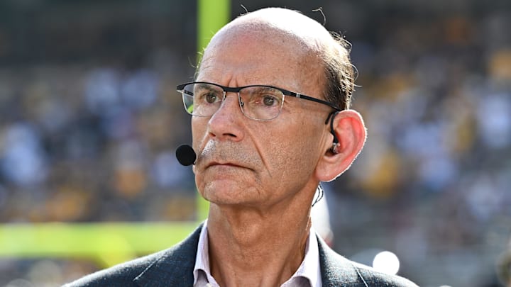 Oct 5, 2024; College Station, Texas, USA; SEC Nation analyst Paul Finebaum looks on prior to the game between the Texas A&M Aggies and the Missouri Tigers at Kyle Field. Mandatory Credit: Maria Lysaker-Imagn Images. 