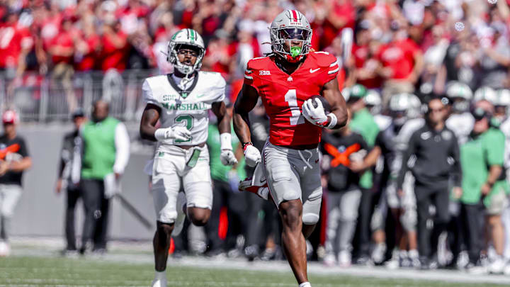 Sep 21, 2024; Columbus, Ohio, USA; Ohio State Buckeyes running back Quinshon Judkins (1) runs the ball for the touchdown during the second quarter against the Marshall Thundering Herd at Ohio Stadium. Mandatory Credit: Joseph Maiorana-Imagn Images