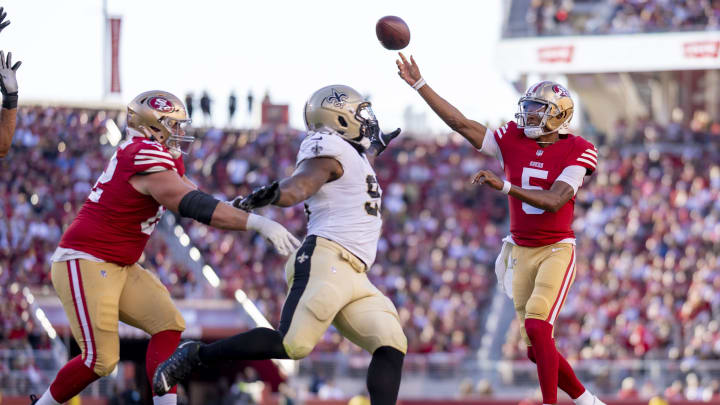 August 18, 2024; Santa Clara, California, USA; San Francisco 49ers quarterback Joshua Dobbs (5) passes the football against the New Orleans Saints during the second quarter at Levi's Stadium. Mandatory Credit: Kyle Terada-USA TODAY Sports August 18, 2024; Santa Clara, California, USA; San Francisco 49ers quarterback Joshua Dobbs (5) passes the football against the New Orleans Saints during the second quarter at Levi's Stadium. Mandatory Credit: Kyle Terada-USA TODAY Sports