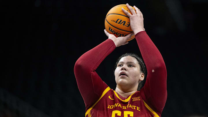 Mar 7, 2025; Kansas City, MO, USA; Iowa State Cyclones center Audi Crooks (55) shoots a free throw against the Baylor Lady Bears in the second half at T-Mobile Center. Mandatory Credit: Amy Kontras-Imagn Images Mar 7, 2025; Kansas City, MO, USA; Iowa State Cyclones center Audi Crooks (55) shoots a free throw against the Baylor Lady Bears in the second half at T-Mobile Center. Mandatory Credit: Amy Kontras-Imagn Images