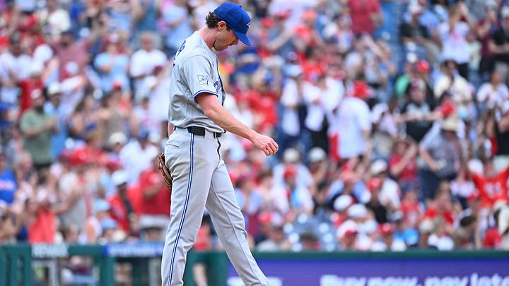 Aug 9, 2026: Toronto Blue Jays pitcher Shane Bieber (57) reacts after Philadelphia Phillies designated hitter Kyle Schwarber (12) (not pictured) hit a home run during the fifth inning against the Toronto Blue Jays at Citizens Bank Park. Credit: Eric Hartline-Imagn Images Aug 9, 2026: Toronto Blue Jays pitcher Shane Bieber (57) reacts after Philadelphia Phillies designated hitter Kyle Schwarber (12) (not pictured) hit a home run during the fifth inning against the Toronto Blue Jays at Citizens Bank Park. Credit: Eric Hartline-Imagn Images