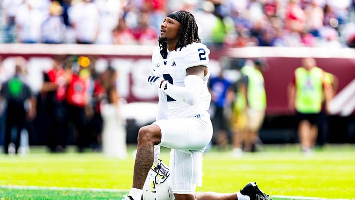 Penn State Nittany Lions wide receiver Zay Robinson kneels in the end zone before the game vs. the Temple Owls at Lincoln Financial Field. Penn State Nittany Lions wide receiver Zay Robinson kneels in the end zone before the game vs. the Temple Owls at Lincoln Financial Field.