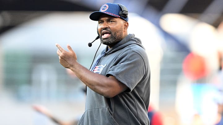 Oct 27, 2024; Foxborough, Massachusetts, USA; New England Patriots head coach Jerod Mayo calls a play against the New York Jets during the second half at Gillette Stadium.