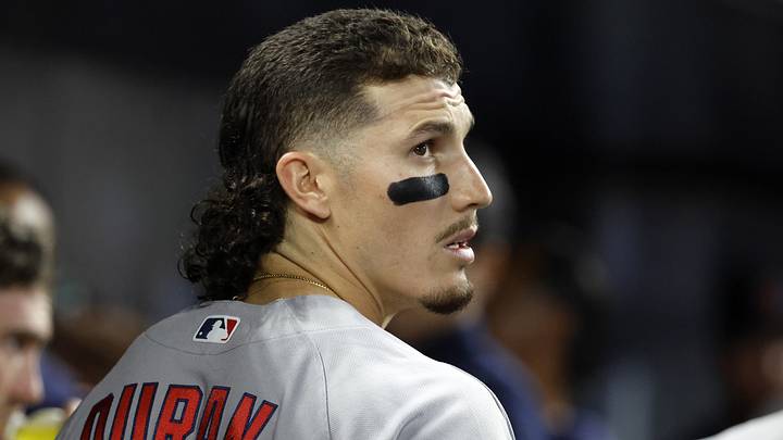 Aug 24, 2026; Miami, Florida, USA;  Boston Red Sox left fielder Jarren Duran (16) looks out of the dugout against the Miami Marlins during the second inning at loanDepot Park.  Mandatory Credit: Rhona Wise-Imagn Images