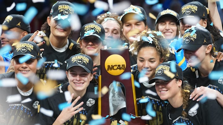 The UCLA Bruins celebrate their 79-51 win over the South Carolina Gamecocks to claim the NCAA women's basketball national championship at Mortgage Matchup Center in Phoenix on April 5, 2026.
