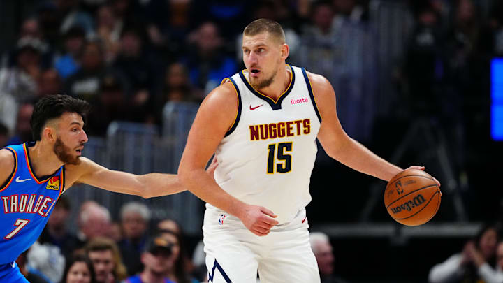 Oct 24, 2024; Denver, Colorado, USA; Oklahoma City Thunder forward Chet Holmgren (7) defends on Denver Nuggets center Nikola Jokic (15) in the first quarter at Ball Arena. Mandatory Credit: Ron Chenoy-Imagn Images Oct 24, 2024; Denver, Colorado, USA; Oklahoma City Thunder forward Chet Holmgren (7) defends on Denver Nuggets center Nikola Jokic (15) in the first quarter at Ball Arena. Mandatory Credit: Ron Chenoy-Imagn Images