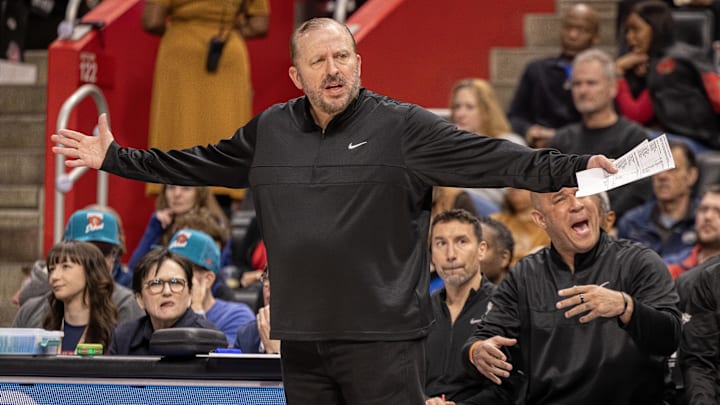 Apr 10, 2025; Detroit, Michigan, USA; New York Knicks Tom Thibodeau Head Coach reacts to a play against the Detroit Pistons during the first half at Little Caesars Arena. Mandatory Credit: David Reginek-Imagn Images