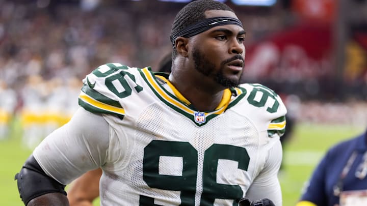 Oct 19, 2025; Glendale, Arizona, USA; Green Bay Packers defensive lineman Colby Wooden (96) against the Arizona Cardinals at State Farm Stadium. Mandatory Credit: Mark J. Rebilas-Imagn Images