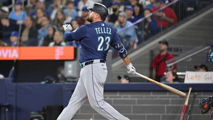 Seattle Mariners first baseman Rowdy Tellez hits a home run against the Toronto Blue Jays on April 20 at Rogers Centre.