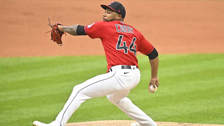 Cleveland Guardians starting pitcher Xzavion Curry (44)