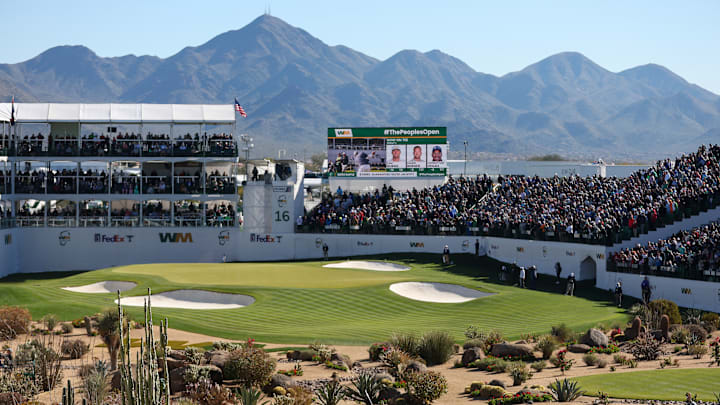 An overview of the 16th hole of the Stadium Course at TPC Scottsdale, home of the WM Phoenix Open