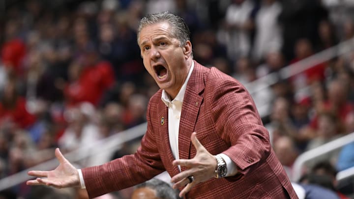 Mar 26, 2026; San Jose, CA, USA; Arkansas Razorbacks head coach John Calipari reacts after a play against the Arizona Wildcats in the second half during a Sweet Sixteen game of the West Regional of the men's 2026 NCAA Tournament at SAP Center.